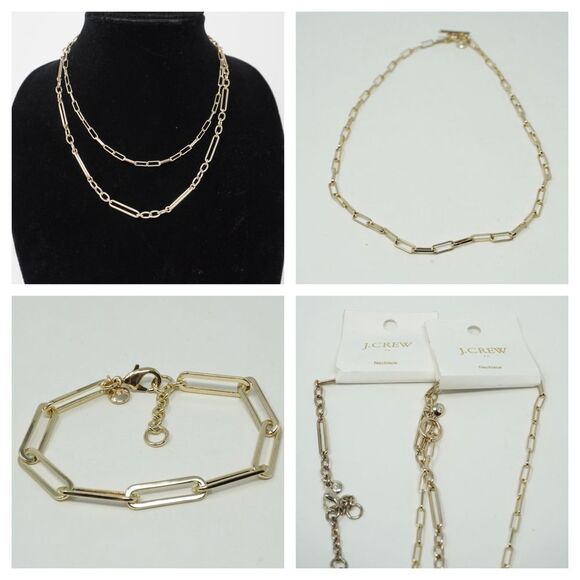 J. Crew‎ THREE Piece Gold Tone Layering and Bracelet Set NWT Paperclip Chains - Picture 1 of 10